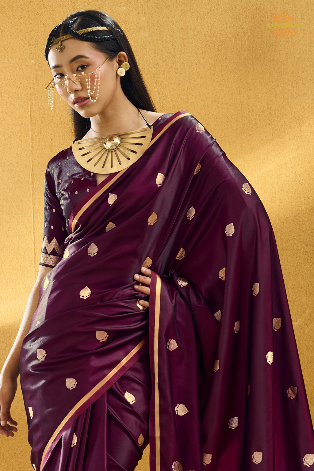 Wine Satin Silk Banarasi Saree with Woven Zari Buttas