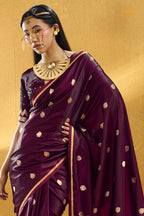 Wine Satin Silk Banarasi Saree with Woven Zari Buttas