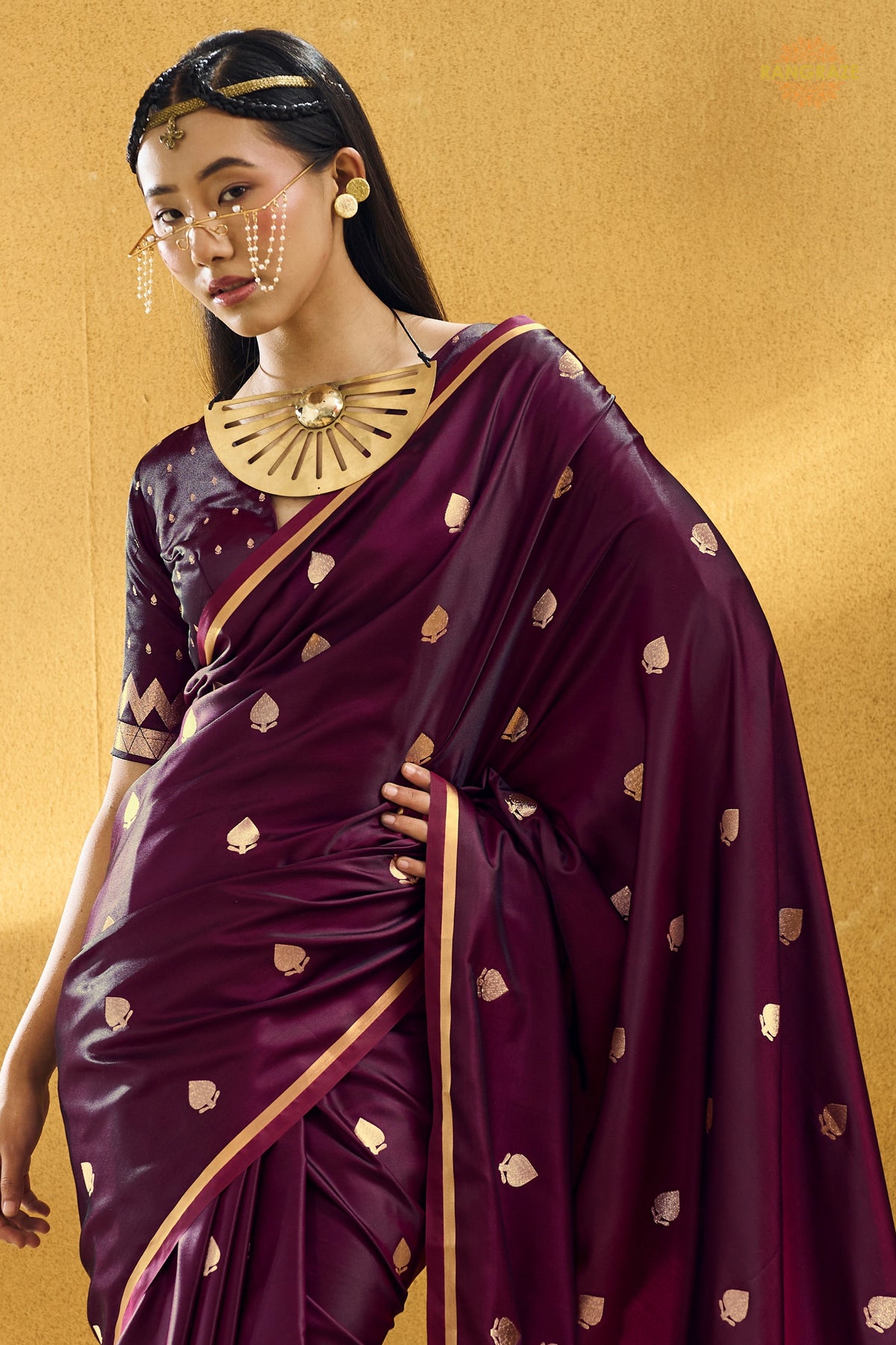 Wine Satin Silk Banarasi Saree with Woven Zari Buttas