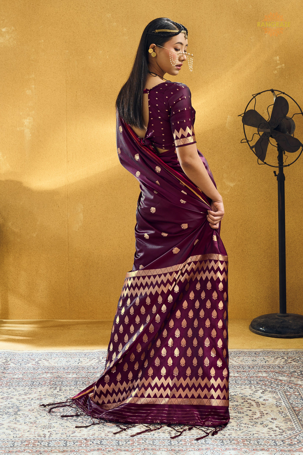 Wine Satin Silk Banarasi Saree with Woven Zari Buttas