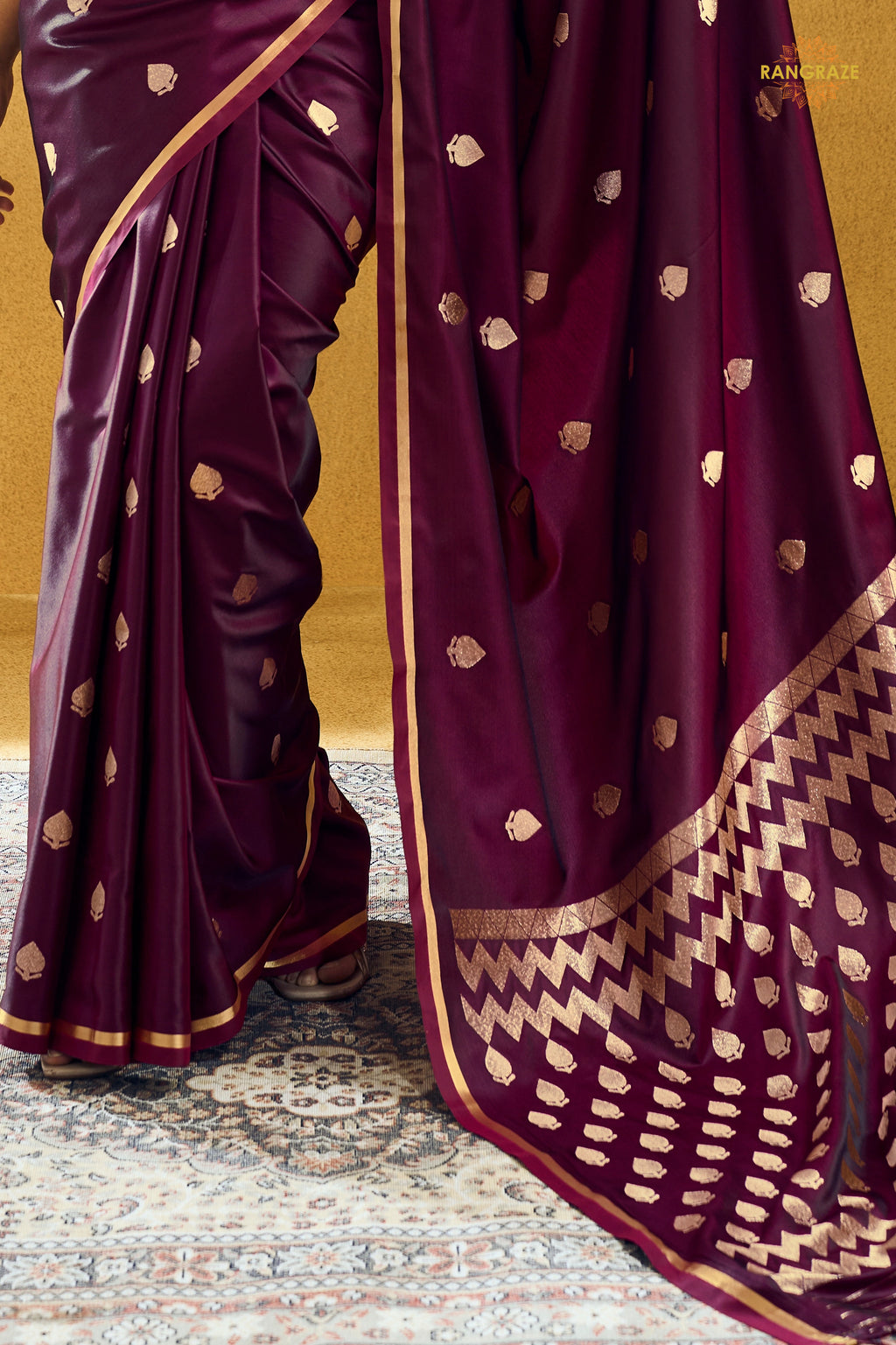 Wine Satin Silk Banarasi Saree with Woven Zari Buttas