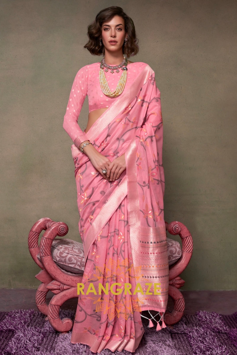 Blossom Pink Woven Jamdani Cotton Silk Saree