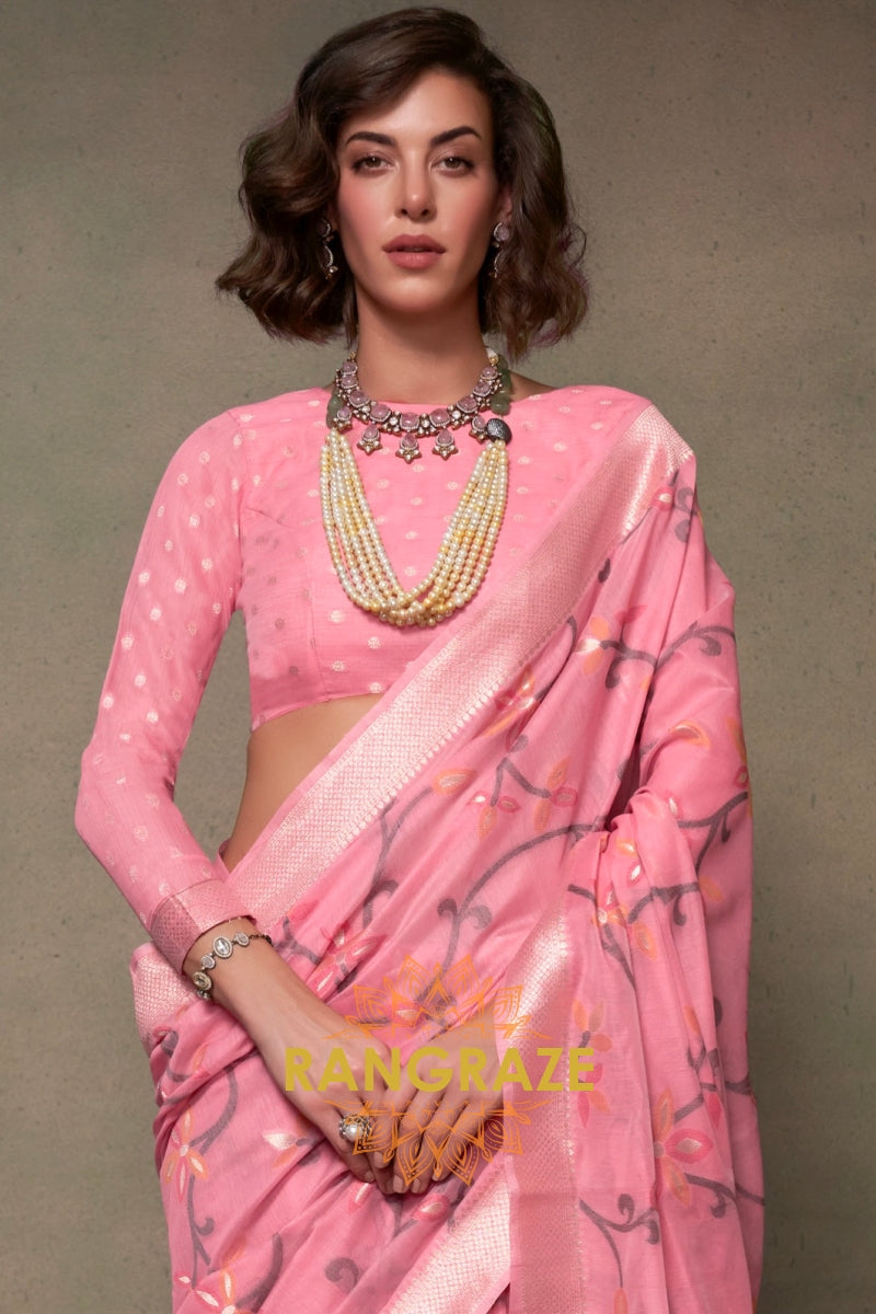 Blossom Pink Woven Jamdani Cotton Silk Saree