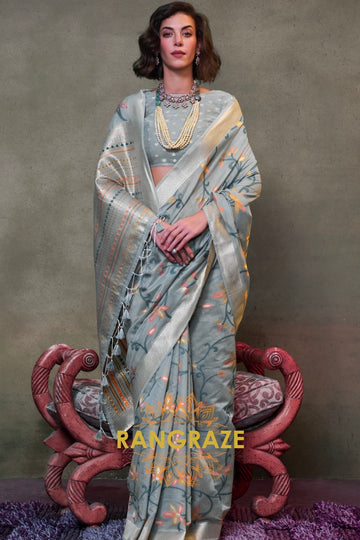 Slate Grey Woven Jamdani Cotton Silk Saree