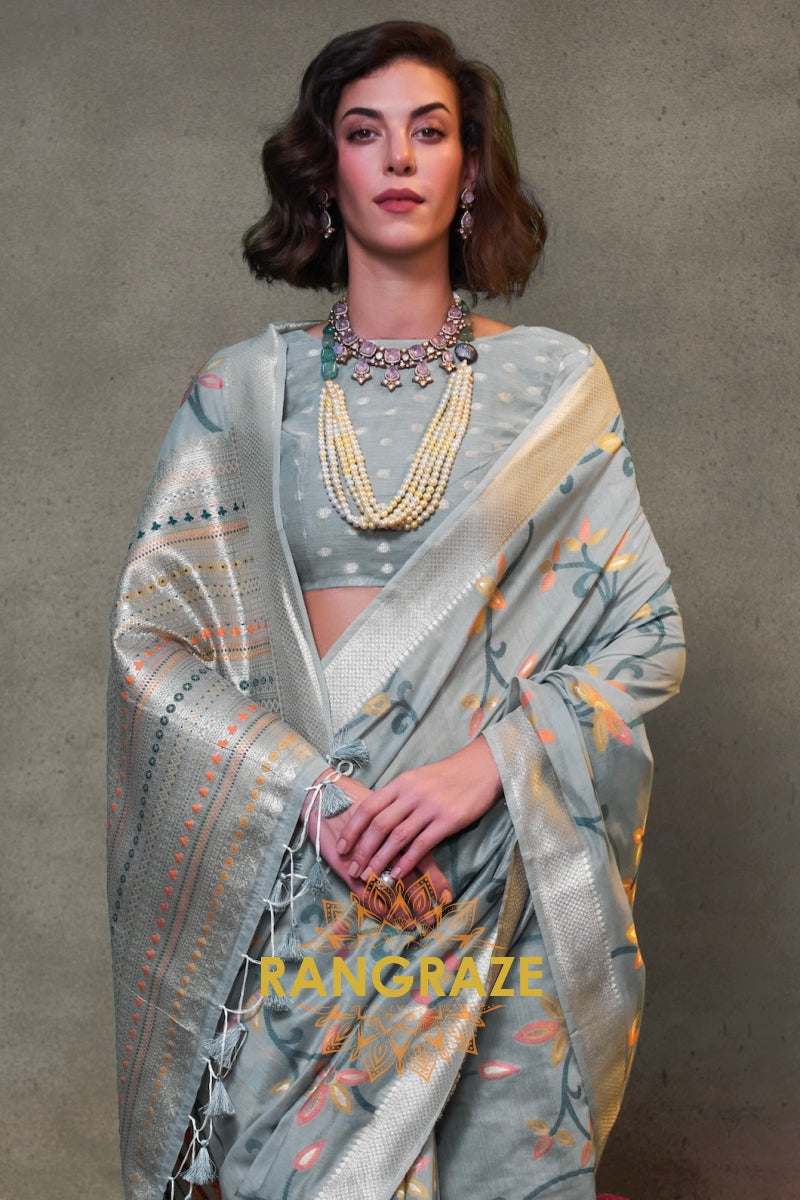 Slate Grey Woven Jamdani Cotton Silk Saree