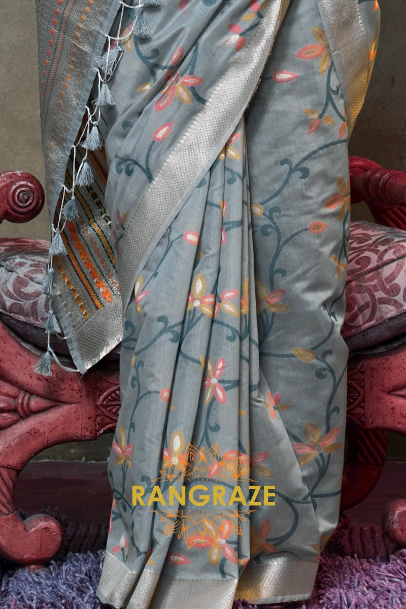 Slate Grey Woven Jamdani Cotton Silk Saree