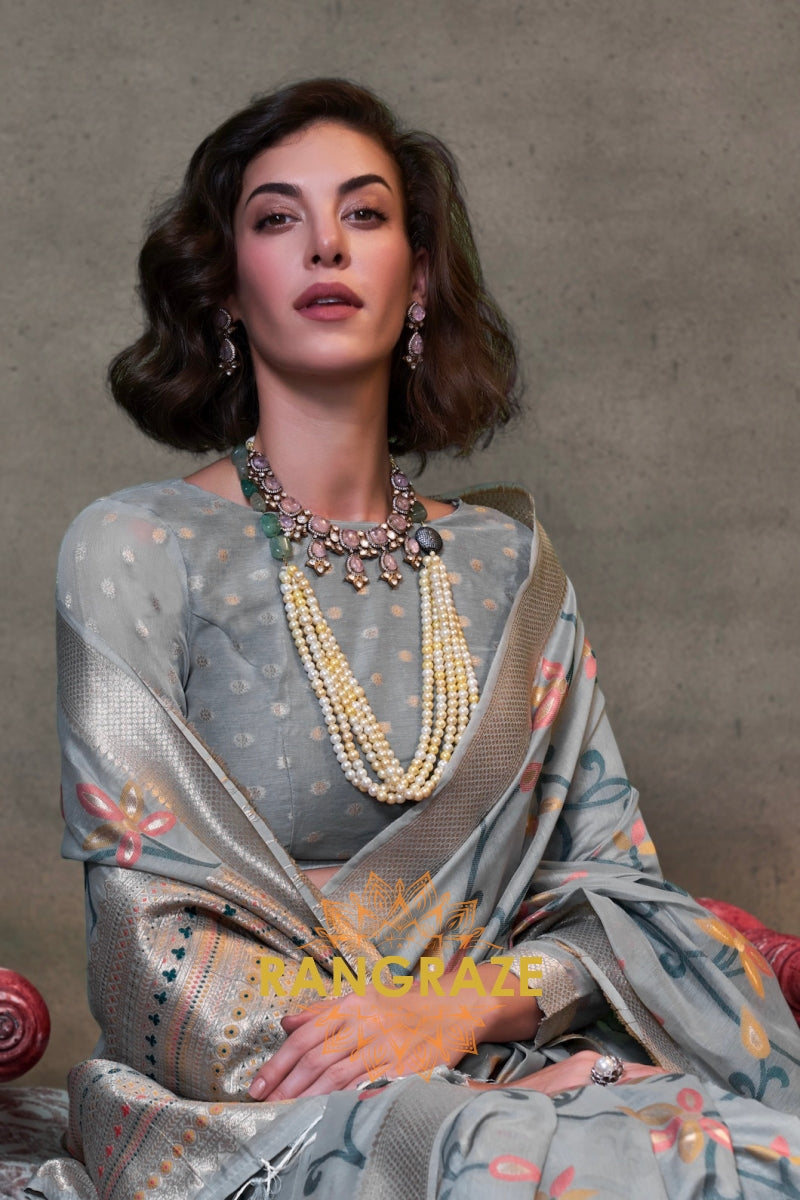 Slate Grey Woven Jamdani Cotton Silk Saree