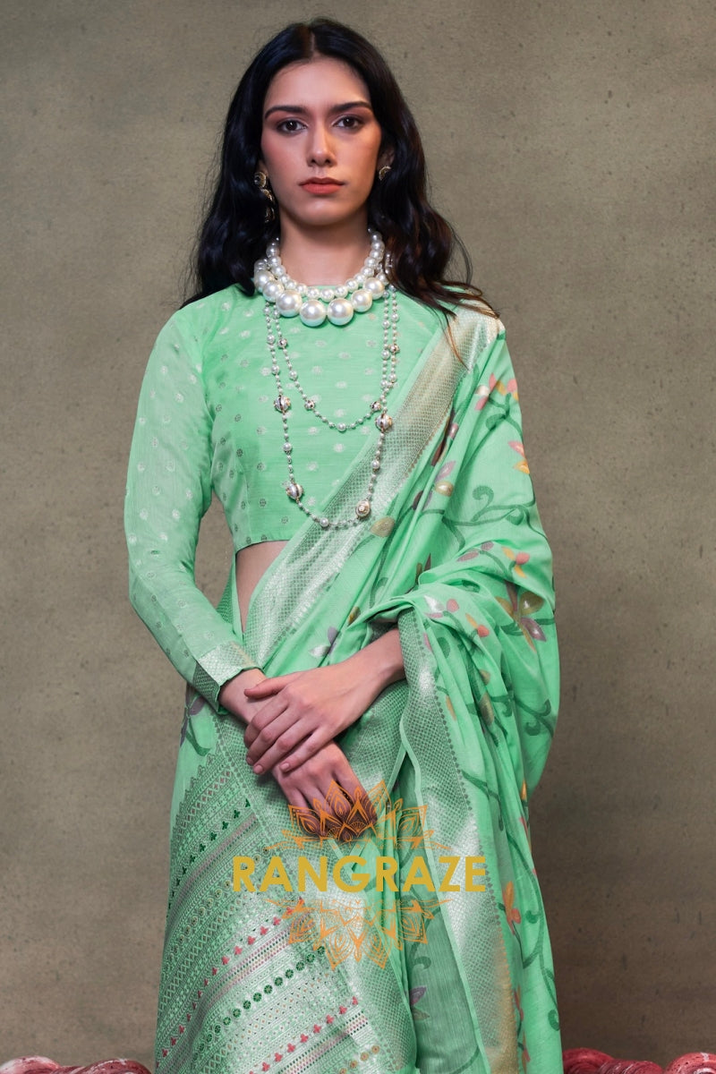 Light Green Woven Jamdani Cotton Silk Saree