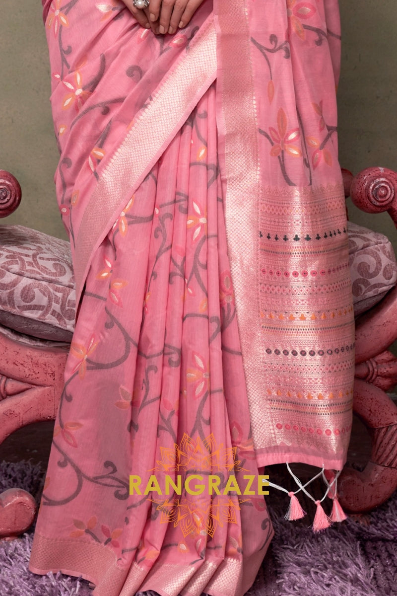 Blossom Pink Woven Jamdani Cotton Silk Saree