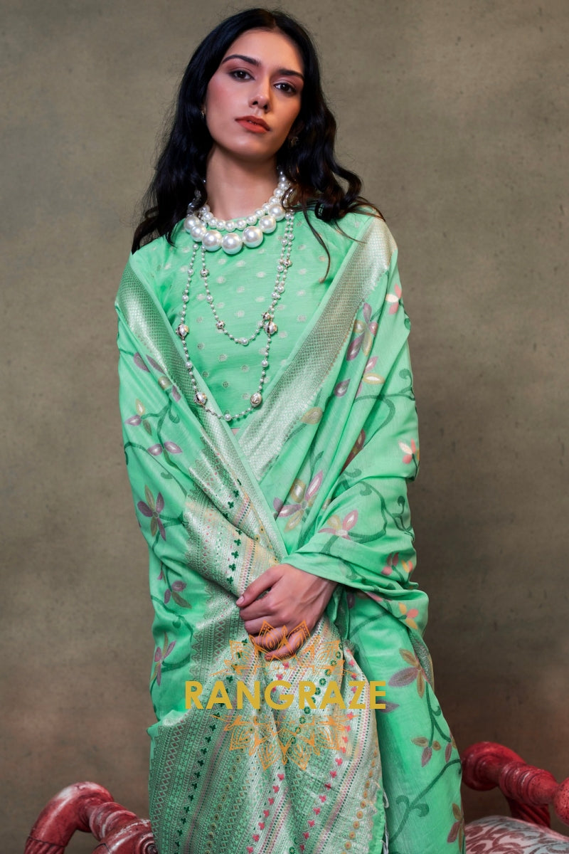 Light Green Woven Jamdani Cotton Silk Saree