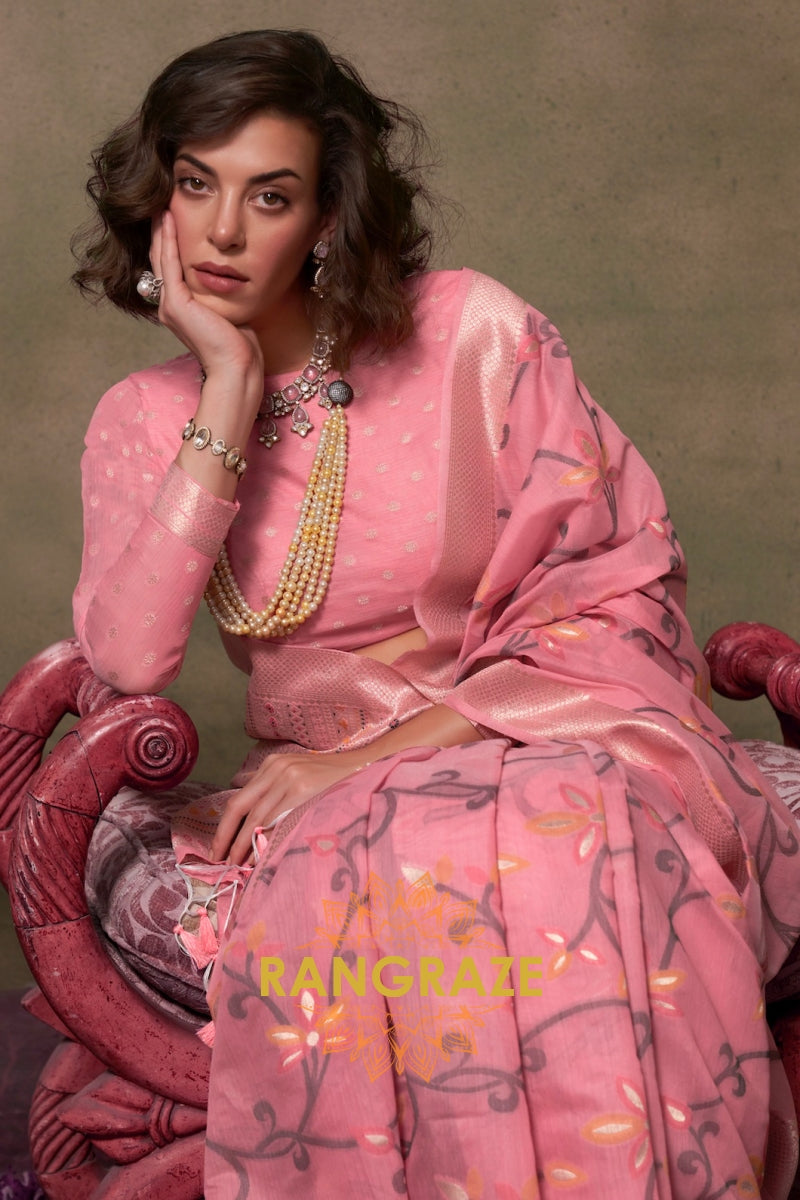 Blossom Pink Woven Jamdani Cotton Silk Saree