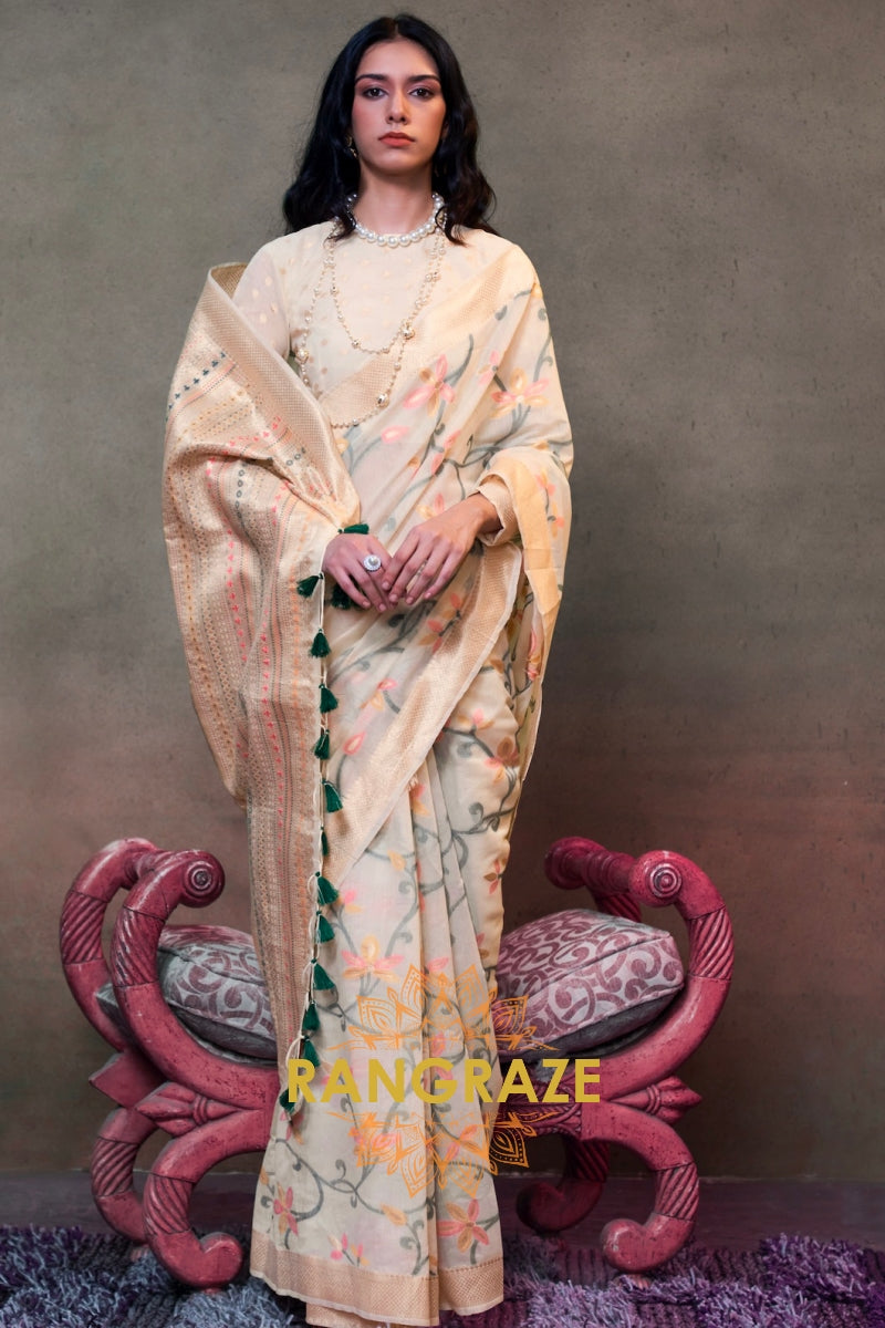 Off White Woven Jamdani Cotton Silk Saree