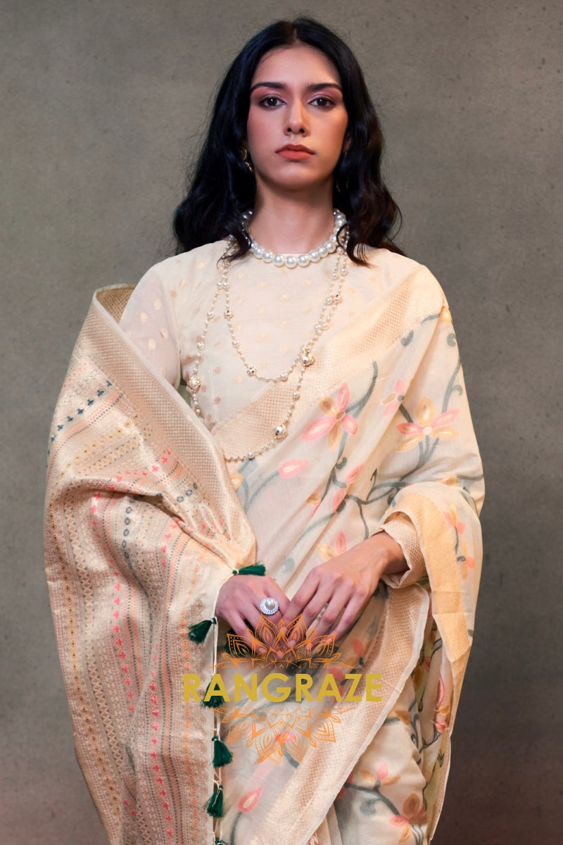 Off White Woven Jamdani Cotton Silk Saree