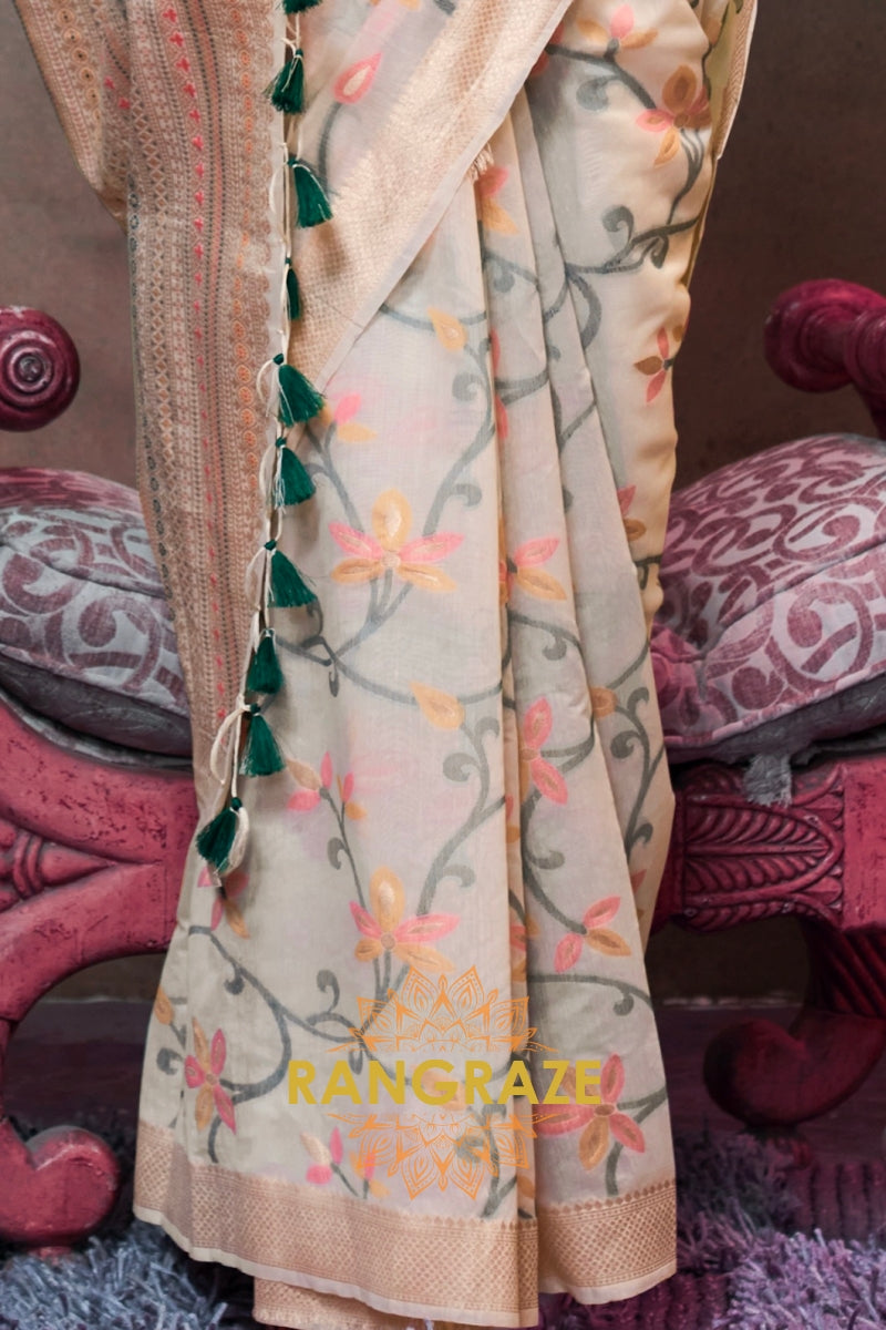 Off White Woven Jamdani Cotton Silk Saree