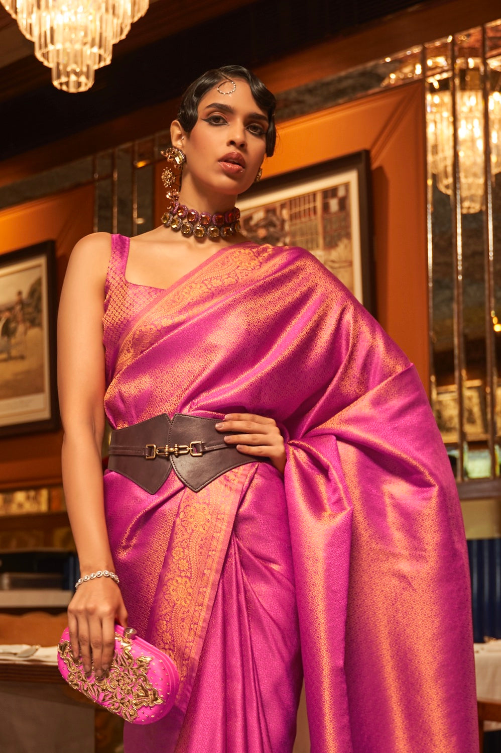 Magenta Pink Woven Dual Tone Kanjivaram Silk Saree