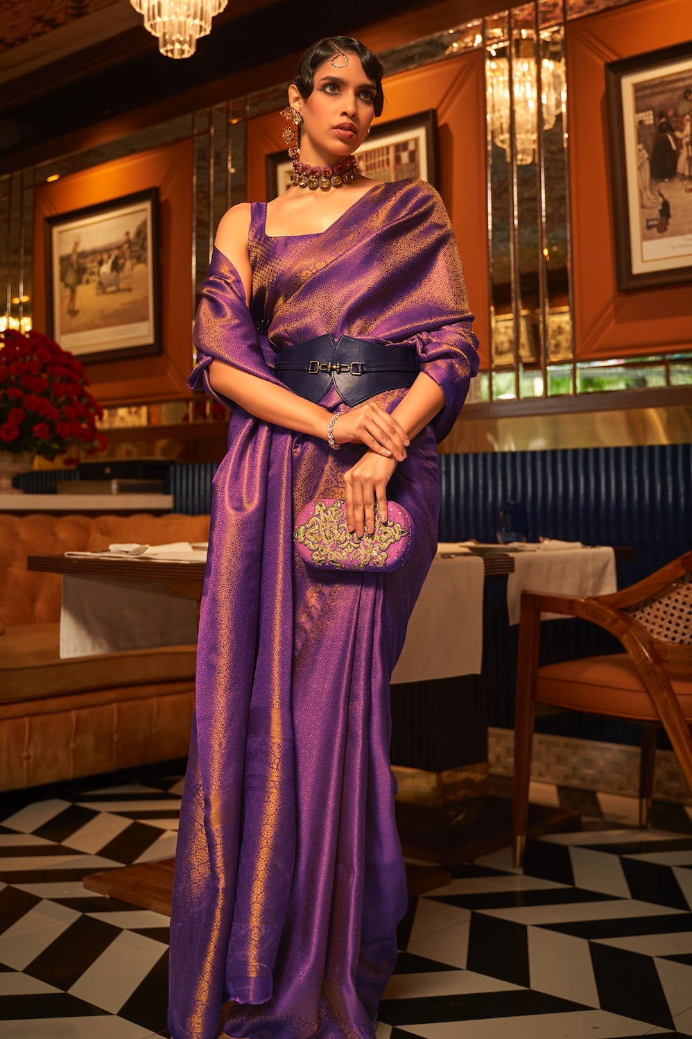 Deep Purple Woven Dual Tone Kanjivaram Silk Saree