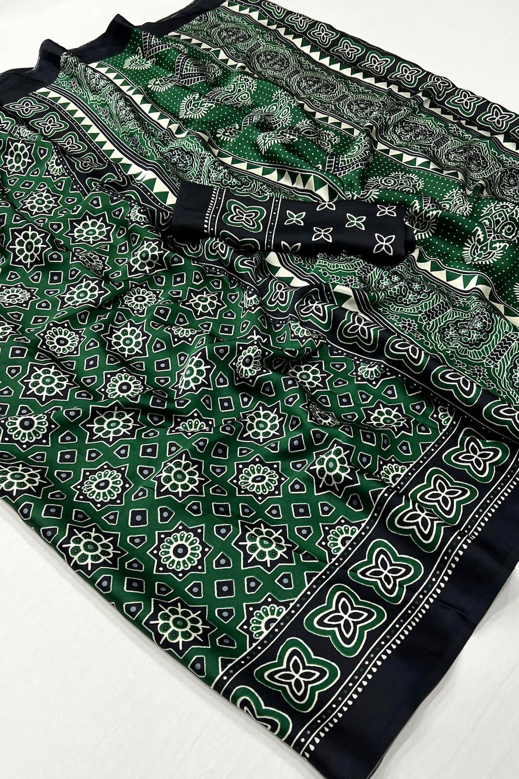 Bottle Green and Black Ajrakh Printed Satin Crepe Saree