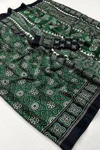 Bottle Green and Black Ajrakh Printed Satin Crepe Saree