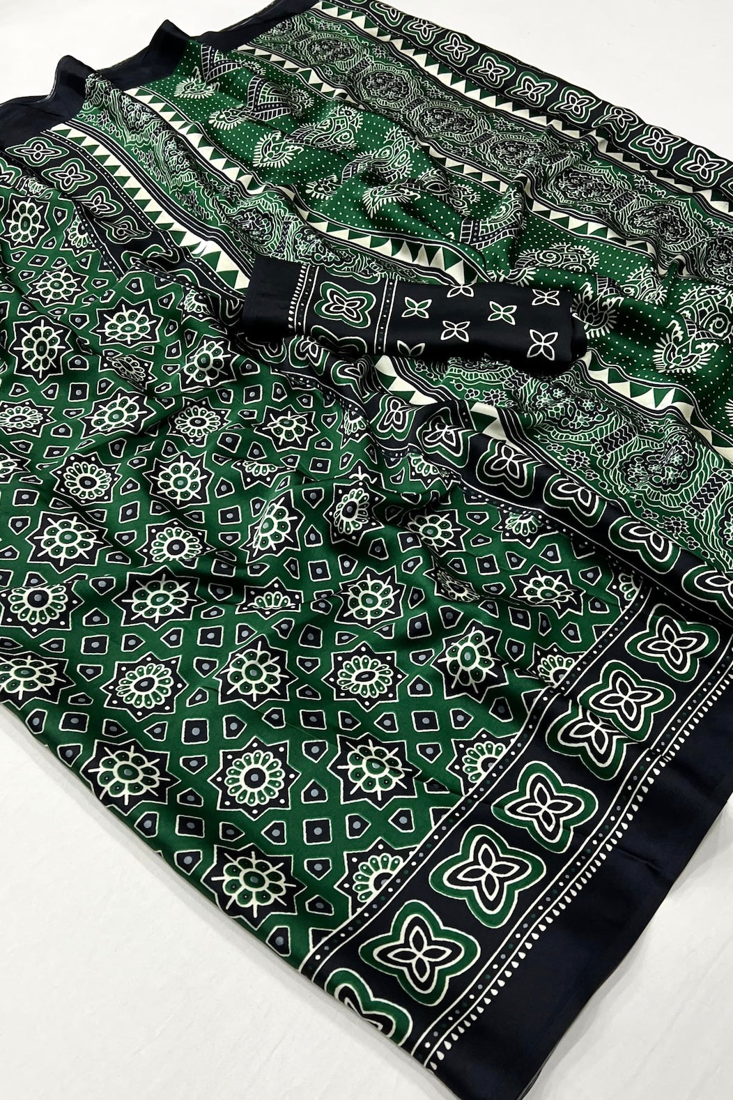 Bottle Green and Black Ajrakh Printed Satin Crepe Saree