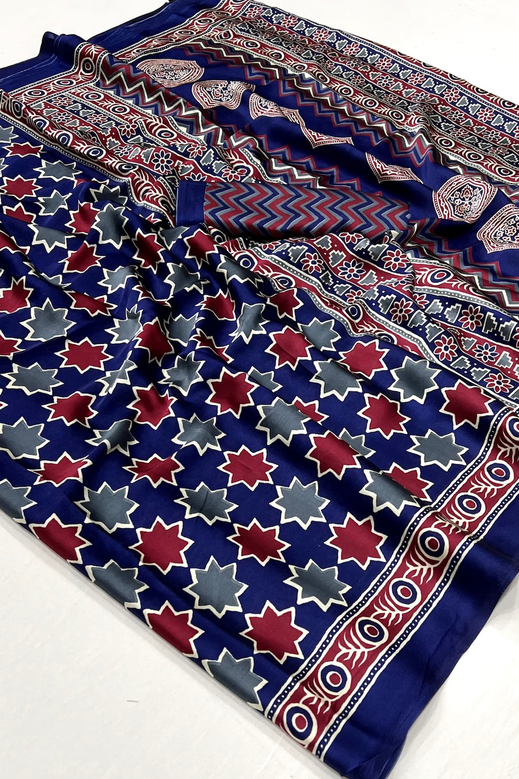 Black and Azure Blue Ajrakh Printed Satin Crepe Saree