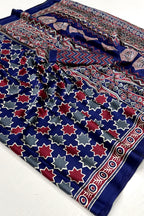 Black and Azure Blue Ajrakh Printed Satin Crepe Saree