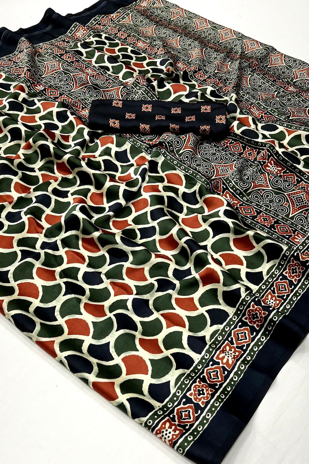 Slate Grey and Black Ajrakh Printed Satin Crepe Saree