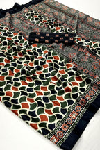 Slate Grey and Black Ajrakh Printed Satin Crepe Saree