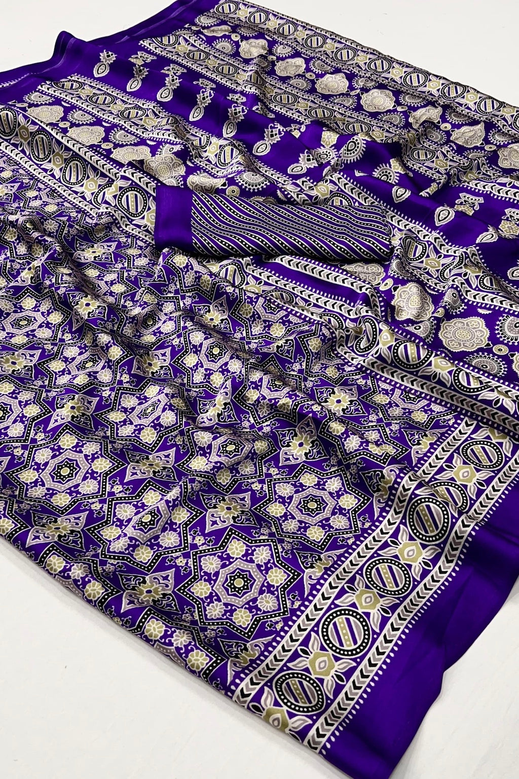 Purple and Black Ajrakh Printed Satin Crepe Saree