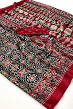 Black and Red Printed Ajrakh Printed Satin Crepe Saree