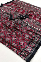 Burgendy and Black Ajrakh Printed Satin Crepe Saree
