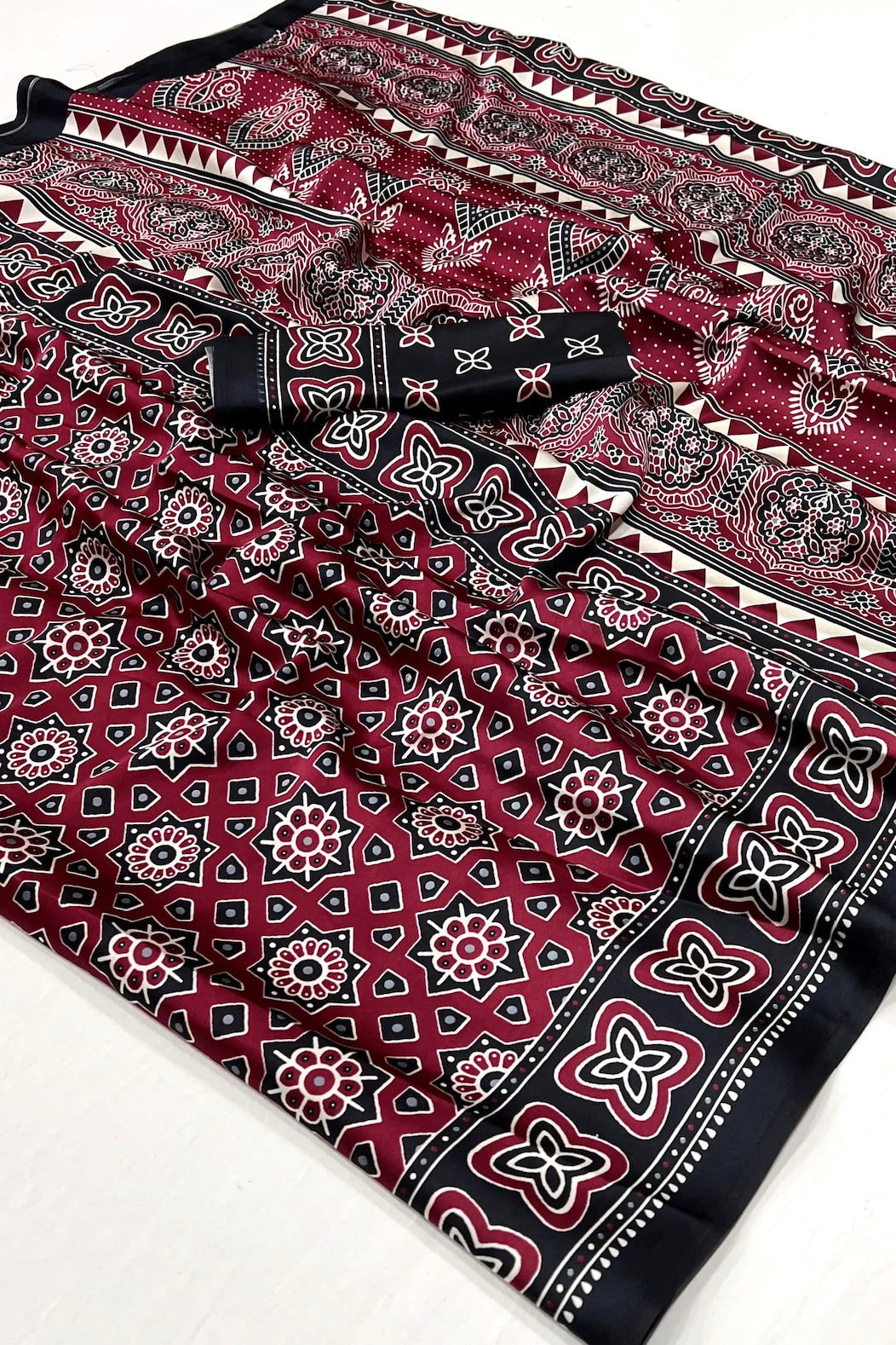 Burgendy and Black Ajrakh Printed Satin Crepe Saree