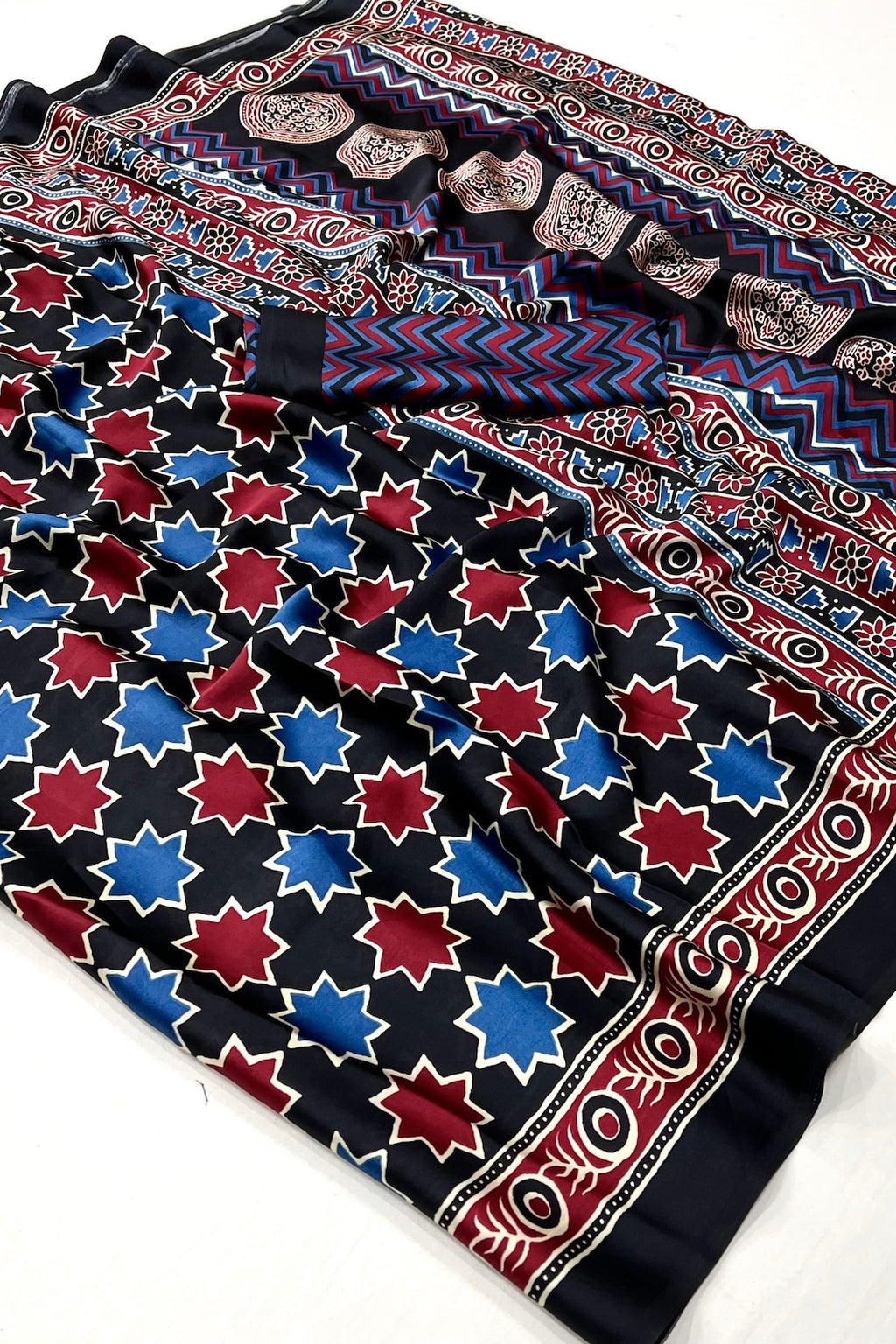Black and Sky Blue Ajrakh Printed Satin Crepe Saree