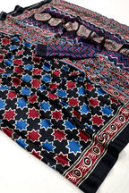 Black and Sky Blue Ajrakh Printed Satin Crepe Saree
