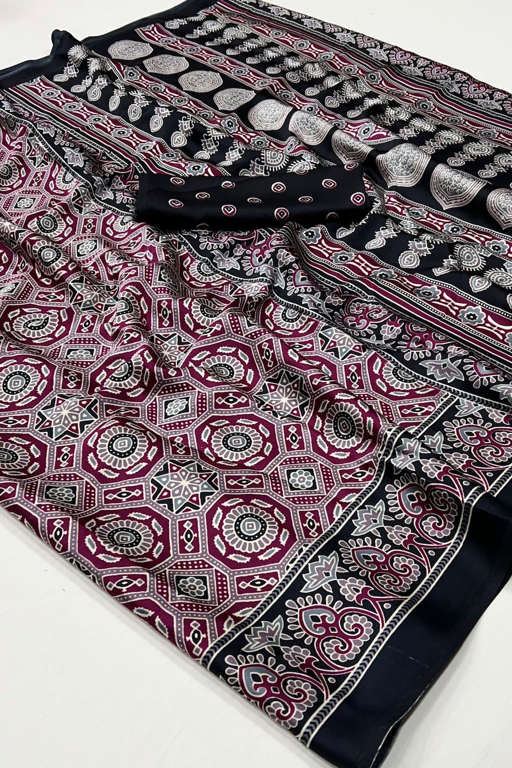 Wine and Black Printed Ajrakh Printed Satin Crepe Saree