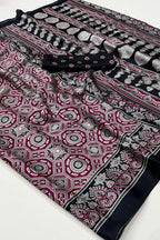 Wine and Black Printed Ajrakh Printed Satin Crepe Saree