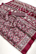 Maroon and Black Ajrakh Printed Satin Crepe Saree