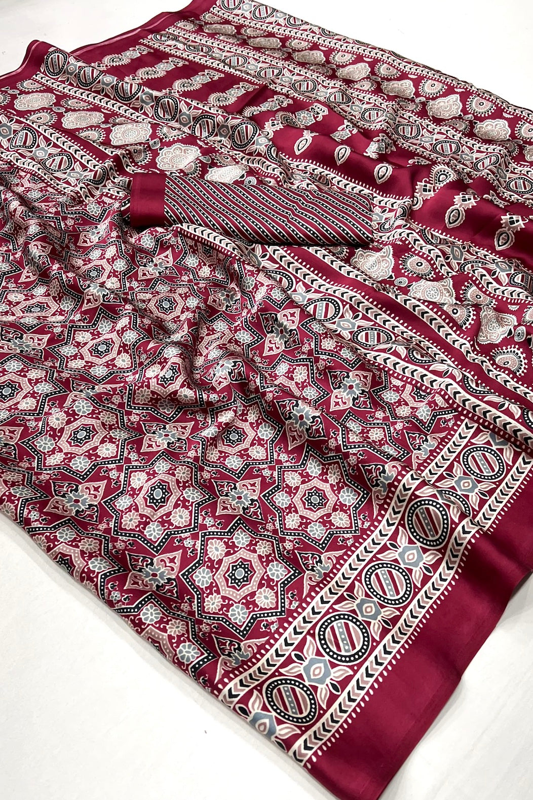 Maroon and Black Ajrakh Printed Satin Crepe Saree