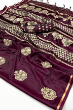 Wine Purple Woven Banarasi Satin Silk Saree