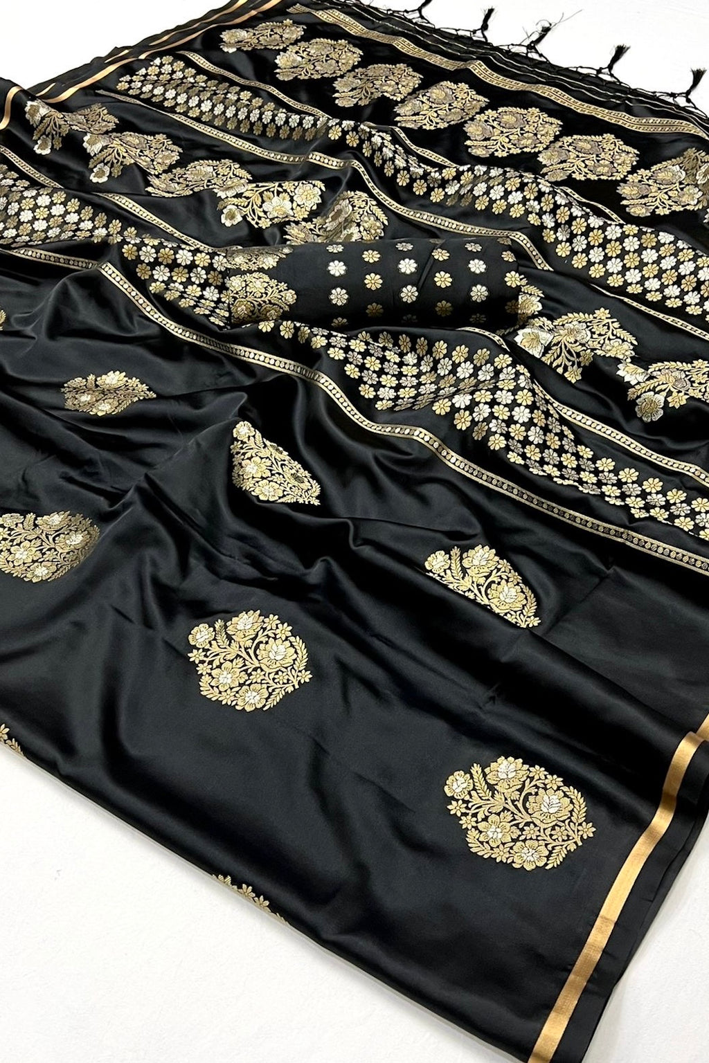 Midnight Black Woven Banarasi Satin Silk Saree