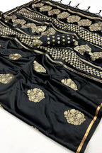 Midnight Black Woven Banarasi Satin Silk Saree