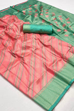 Peach Pink And Teal Green Banarasi Silk Saree