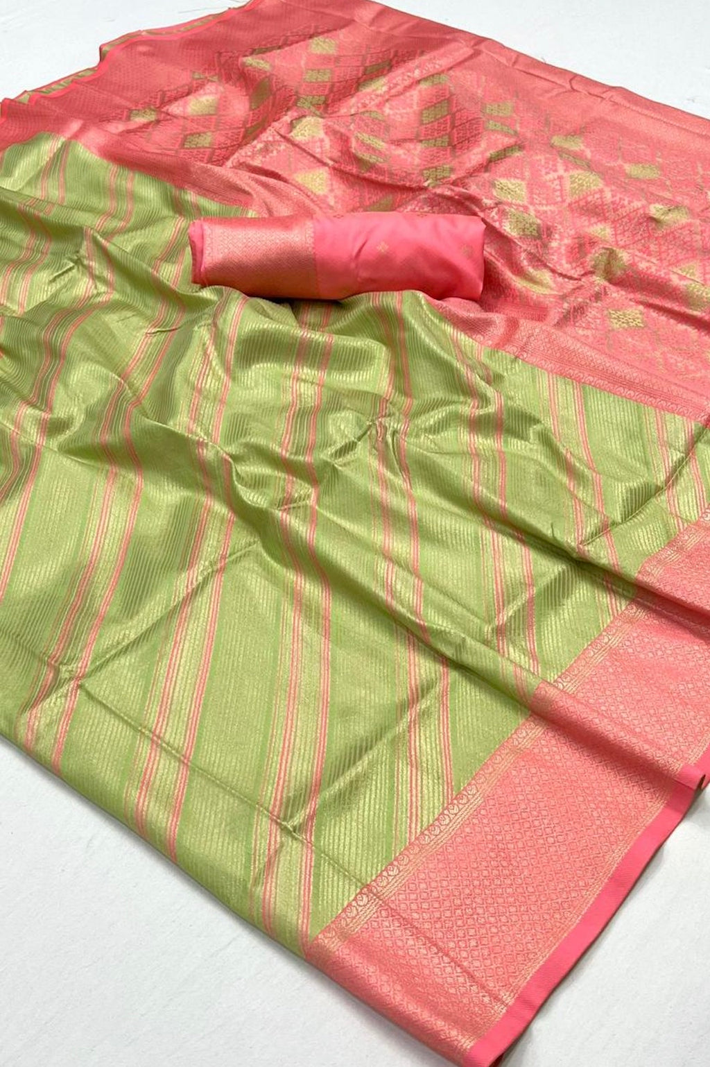 Pastel Green And Pink Banarasi Silk Saree