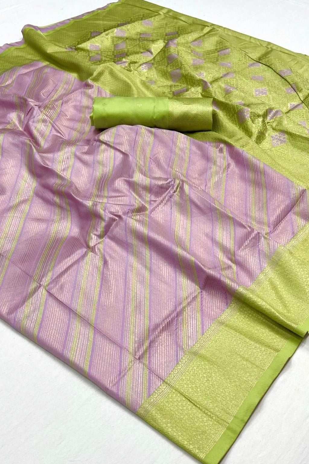 Lilac Purple And Olive Green Banarasi Silk Saree