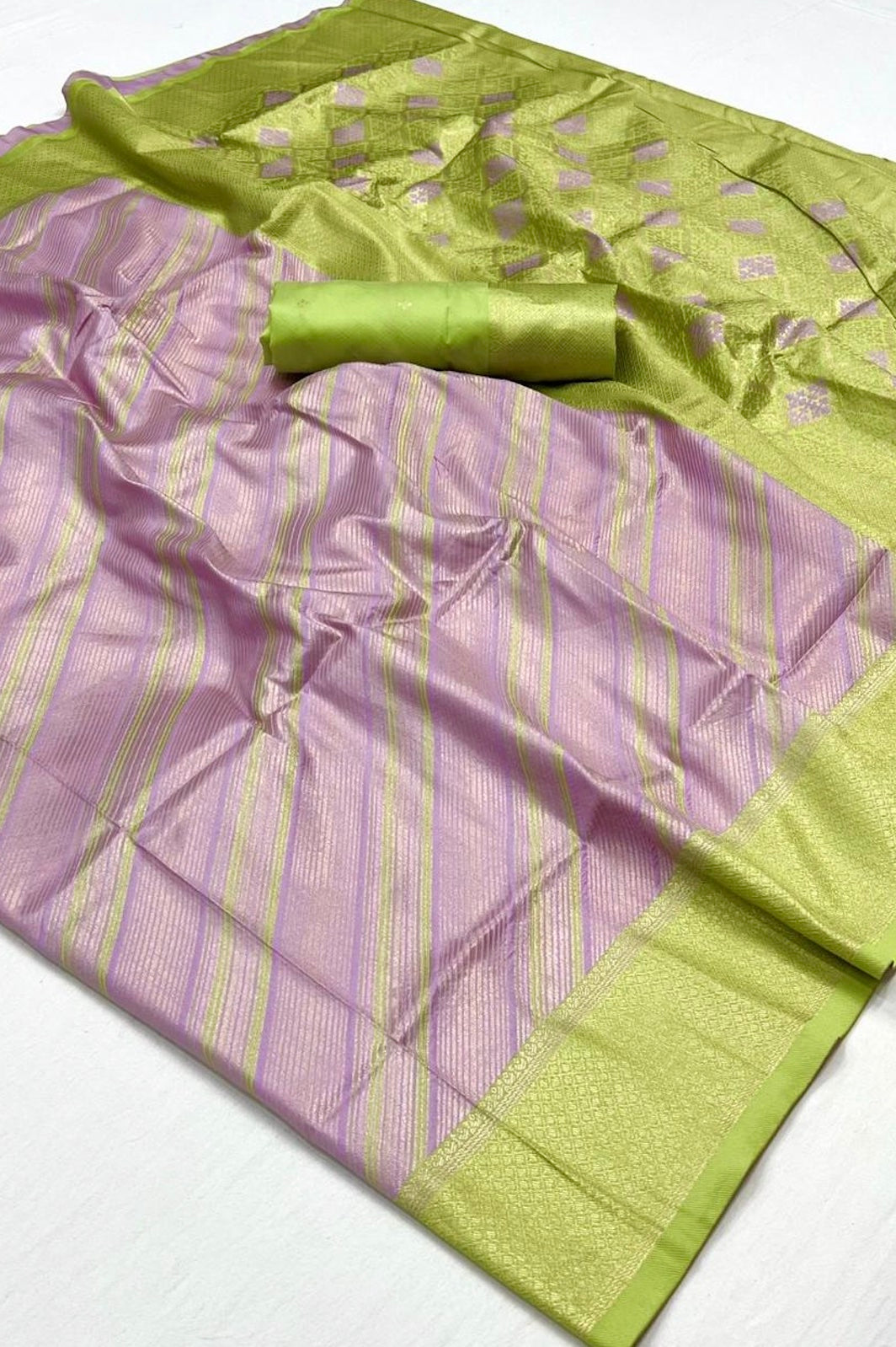Lilac Purple And Olive Green Banarasi Silk Saree