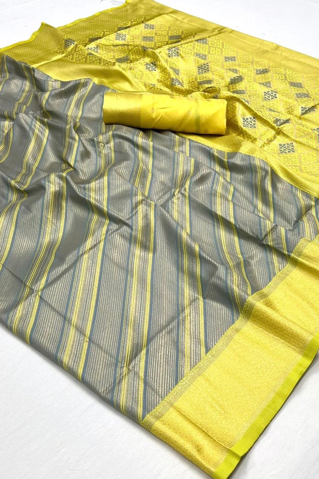 Grey And Lemon Yellow Banarasi Silk Saree
