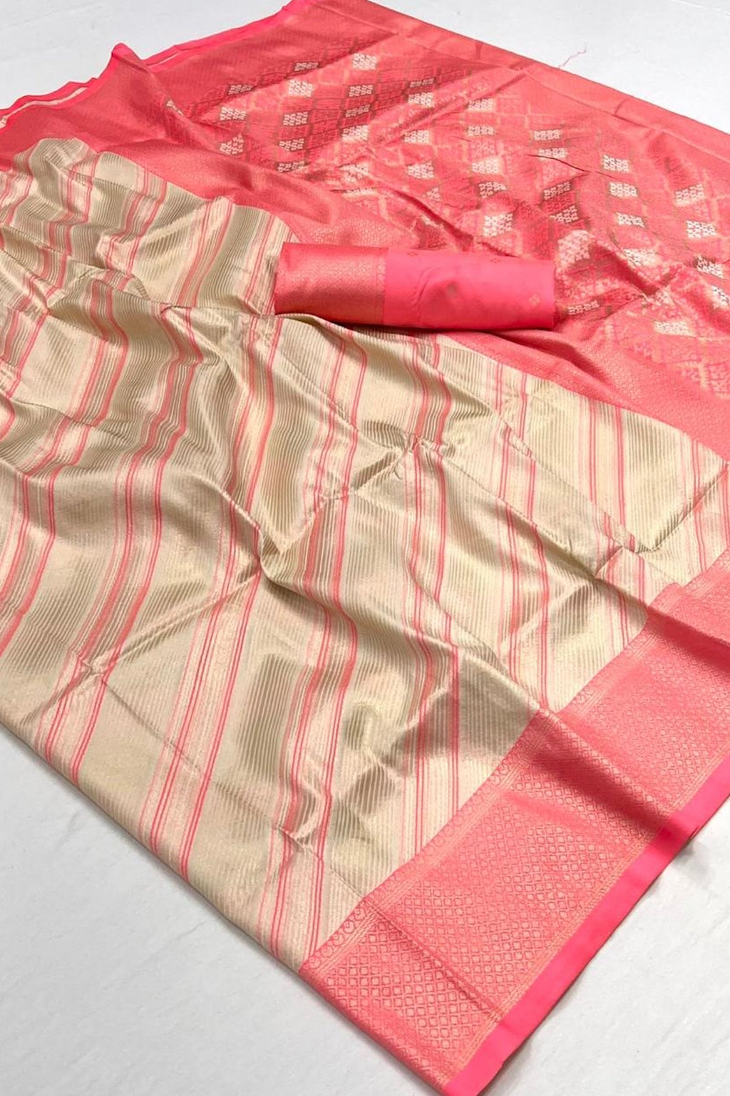 Cream And Coral Pink Banarasi Silk Saree