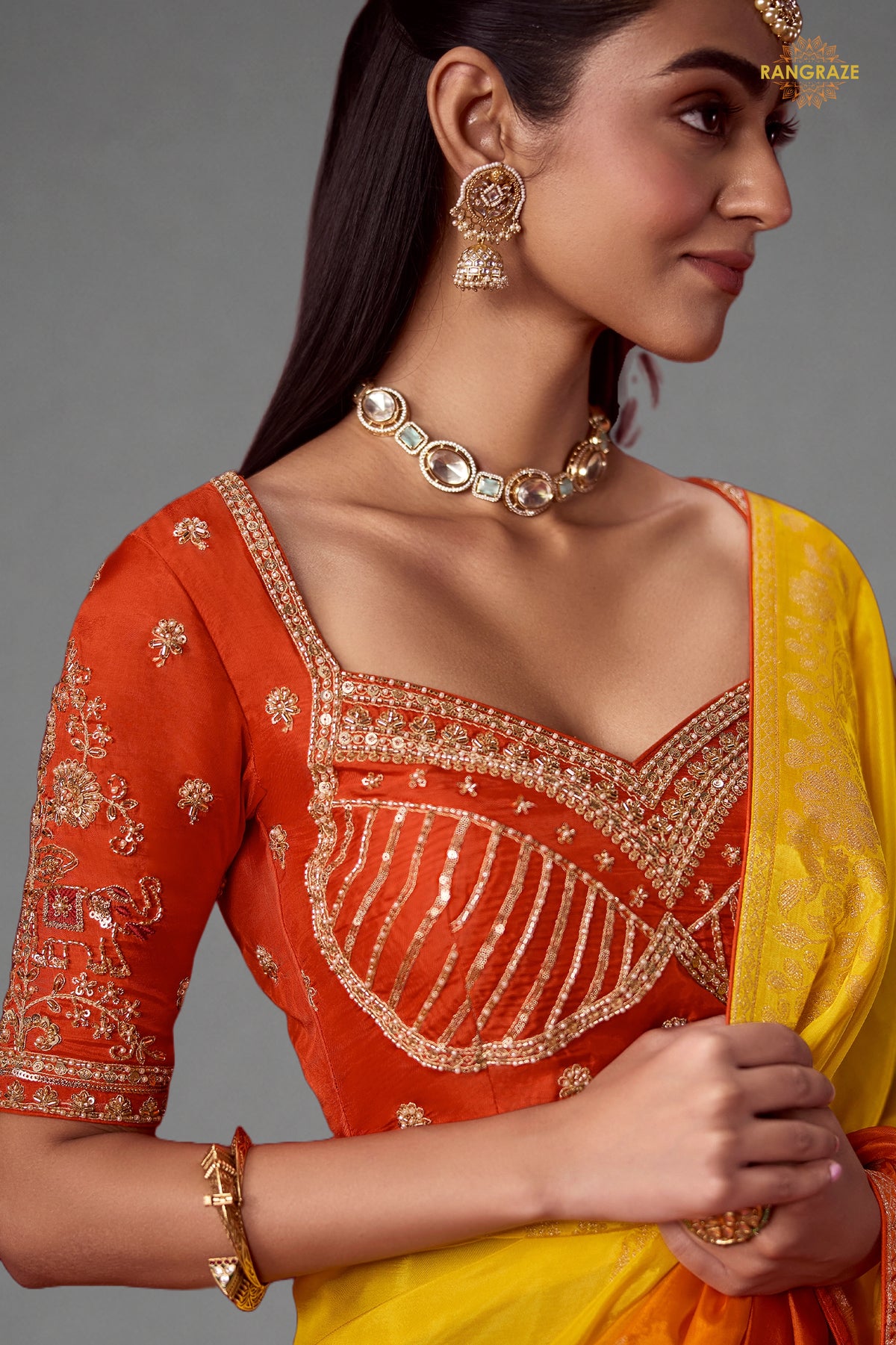 Yellow And Brunt Orange Ombre Woven Dola Crape Soft Silk