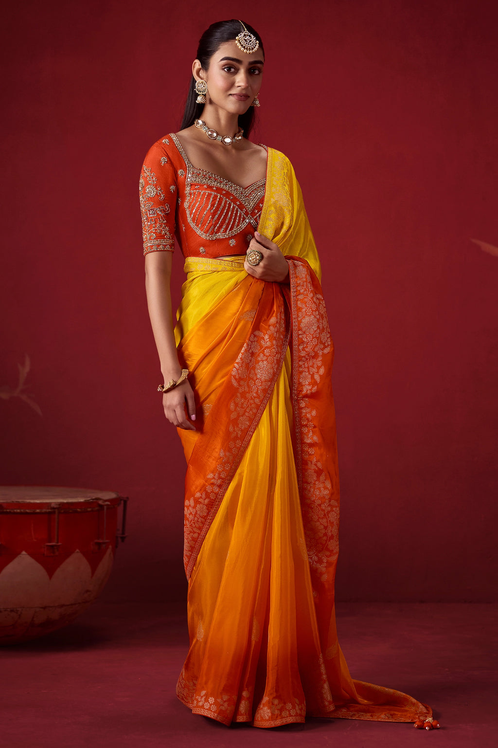 Yellow And Brunt Orange Ombre Woven Dola Crape Soft Silk