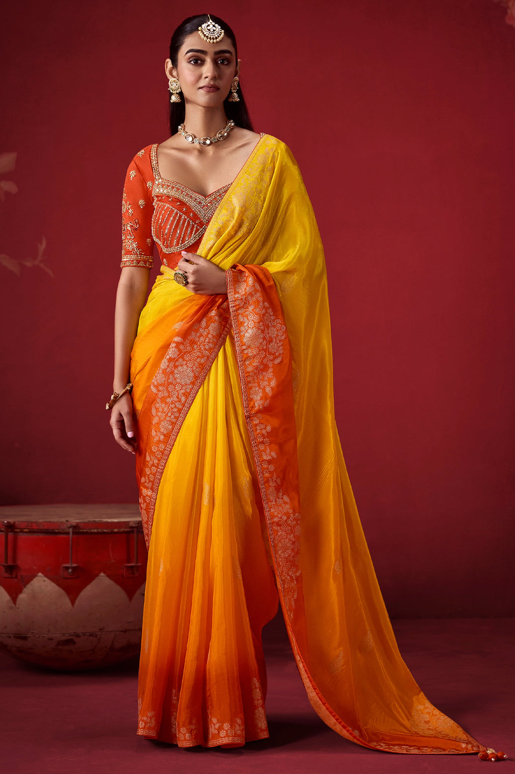 Yellow And Brunt Orange Ombre Woven Dola Crape Soft Silk
