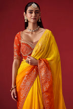 Yellow And Brunt Orange Ombre Woven Dola Crape Soft Silk